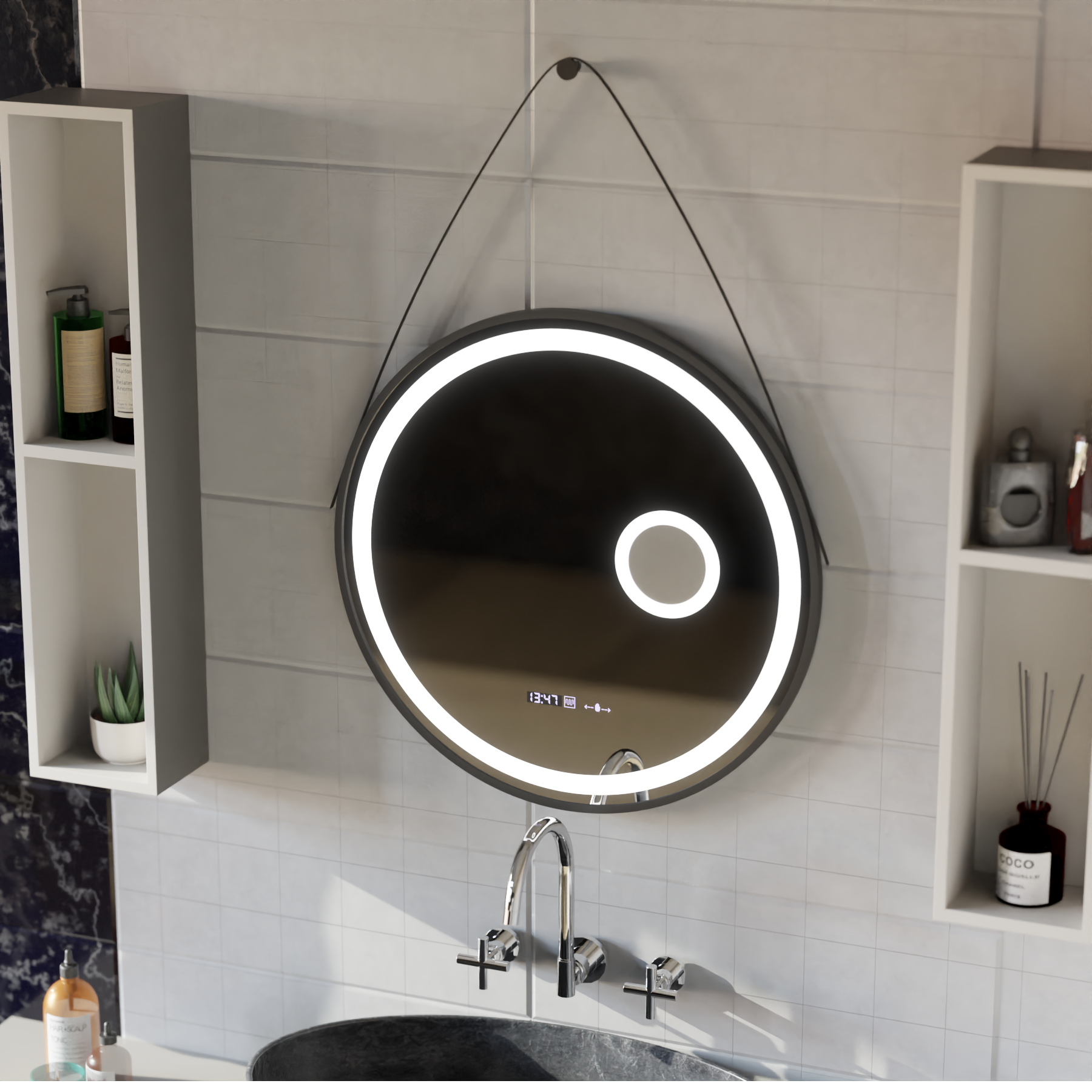 Oglinda LED Rotunda, 11W, 60cm, Micah Senzor MotionGlow Marcello, Sistem Dezaburire, Ceas & Termometru, Lupa Cosmetica, Dimabila Oglinzi Marcello Default Title Alessandro Design