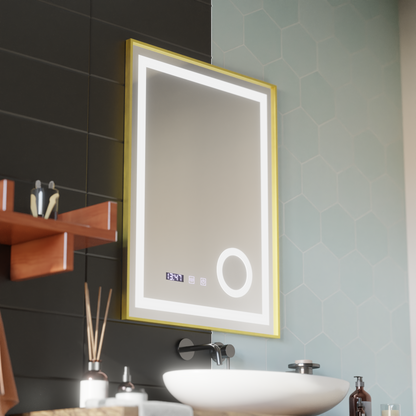Oglinda LED Touch CLARUS Sistem Dezaburire, Ceas si Temperatura 60x80 cm Rama Auriu Brushed Lupa Cosmetica Oglinzi Korman S Default Title Alessandro Design