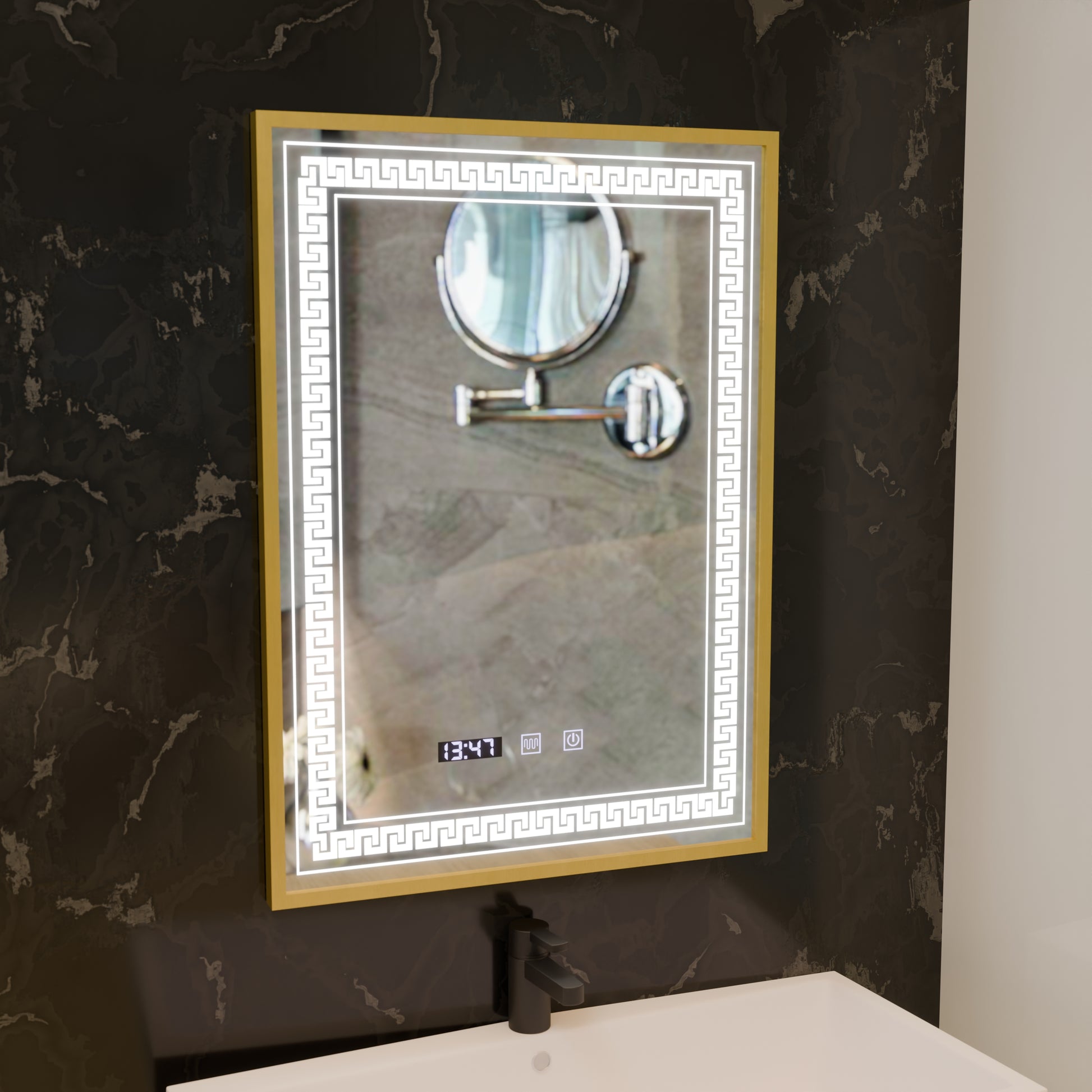 Oglinda LED Touch Bruno Sistem Dezaburire, Ceas si Temperatura 60x80 cm Rama Auriu Brushed, S84/60X80 Oglinzi Korman S Default Title Alessandro Design