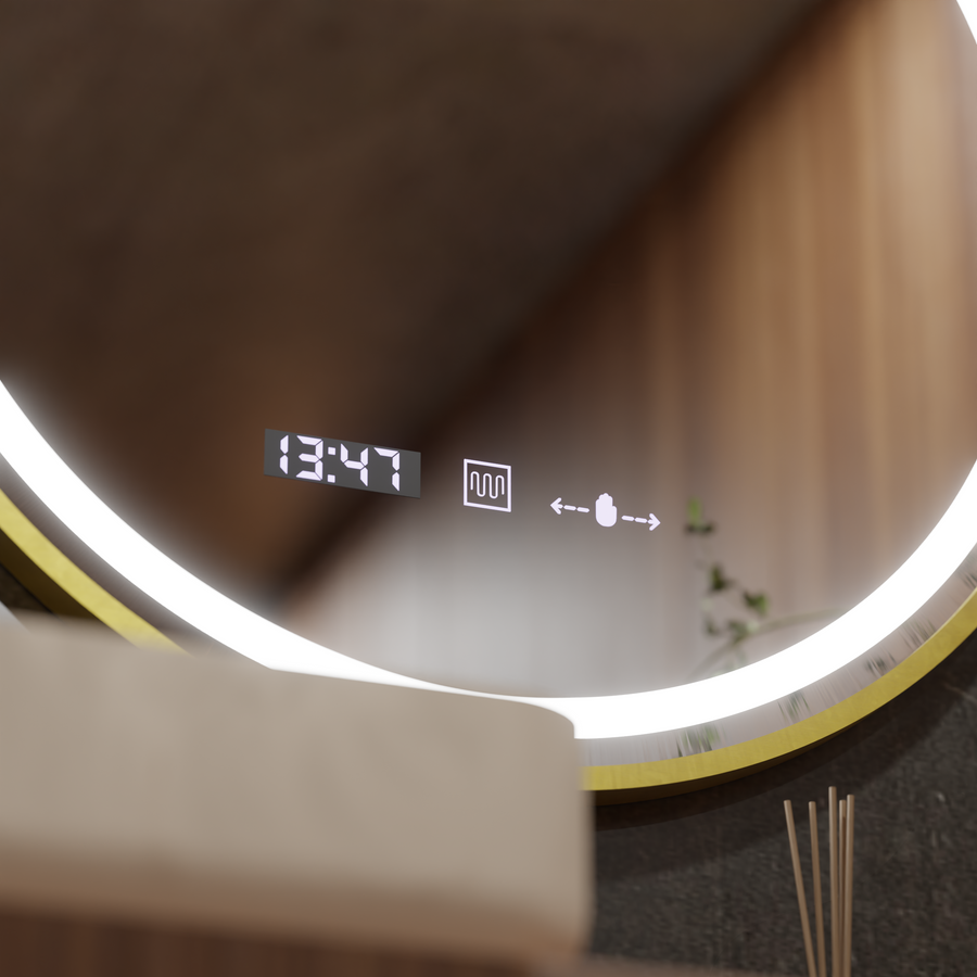 Oglinda LED Senzor MotionGlow Faratya Sistem Dezaburire Termometru si Ceas Rama Auriu Periat Rotunda Diametru 100 cm Lumina Rece/Calda/Neutra Dimabila Colectia Marcello Funghi Oglinzi Marcello Default Title Alessandro Design