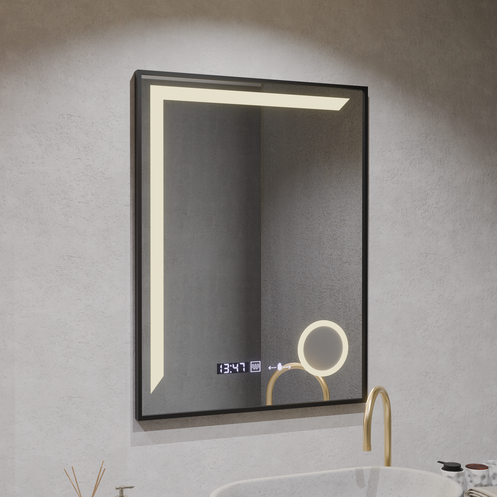 Oglinda LED Senzor MotionGlow Francesca 60x80 cm Lumina Calda/Rece/Neutra Dimabila Rama Negru Brushed Sistem Dezaburire Termometru Ceas Colectia Marcello Funghi Oglinzi Marcello Default Title Alessandro Design