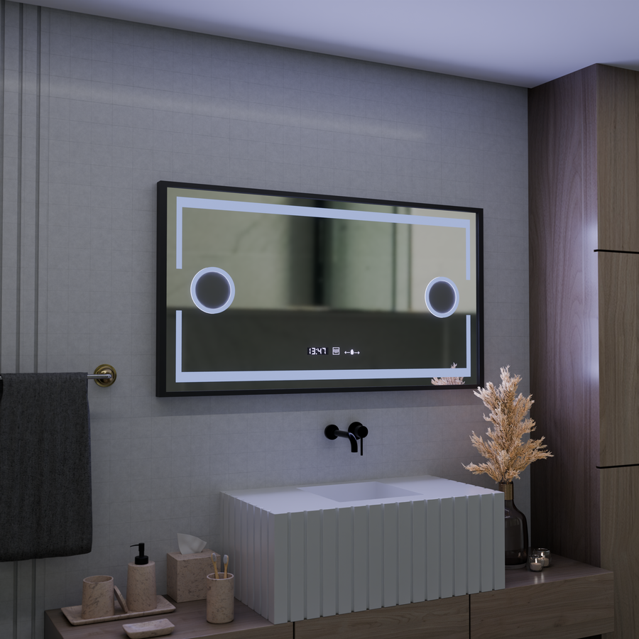 Oglinda LED Senzor MotionGlow Domingo cu functie Dezaburire Termometru Ceas 120x65 cm Lumina Rece/Calda/Neutra Dimabila, Rama Negru Brushed, colectia Marcello Funghi Oglinzi Marcello Default Title Alessandro Design