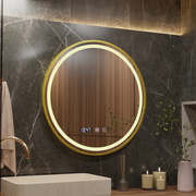 Oglinda LED Touch LUSSO, Sistem Dezaburire, Ceas si Temperatura, Diametru 60cm, Rama Auriu Brushed, Lumina Calda Rece Neutra 3000K/4500K/6000K, Dimabila