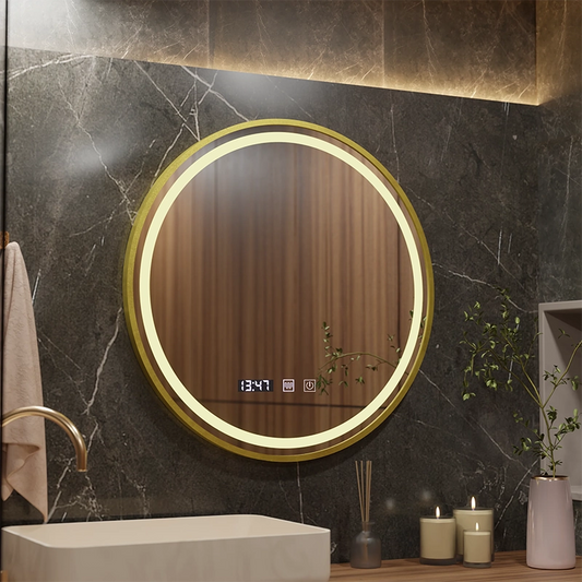 Oglinda LED Touch LUSSO, Sistem Dezaburire, Ceas si Temperatura, Diametru 60cm, Rama Auriu Brushed, Lumina Calda Rece Neutra 3000K/4500K/6000K, Dimabila