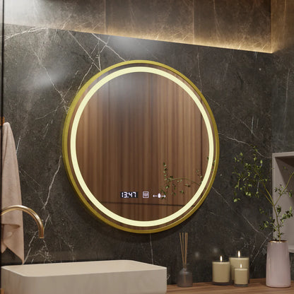 Oglinda LED Rotunda, 60cm, Celeste Royale Gold Eleve MotionGlow Marcello, Sistem Dezaburire, Ceas & Termometru, Dimabila, Curea Detasabila Oglinzi Marcello Default Title Alessandro Design