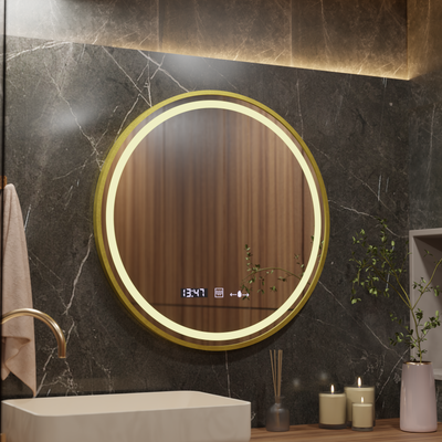 Oglinda LED Rotunda, 80cm, Celeste Royale Gold MotionGlow Marcello, Lumina Calda/ Neutra/ Rece, Sistem Dezaburire, Ceas & Termometru, Dimabila