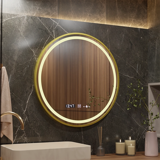 Oglinda LED Rotunda, 70cm, Celeste Royale Gold MotionGlow Marcello, Sistem Dezaburire, Ceas & Termometru, Dimabila