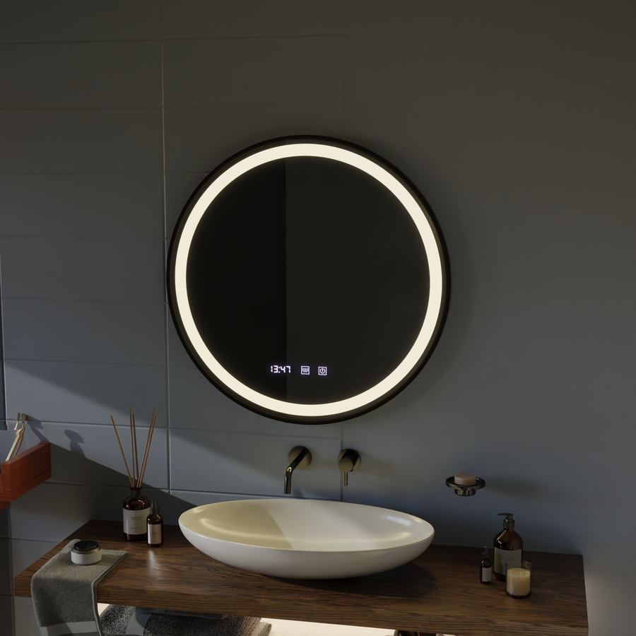 Oglinda LED Touch NOVARA Sistem Dezaburire, Ceas si Temperatura 50 cm Rama Negru Brushed Oglinzi Korman S Default Title Alessandro Design