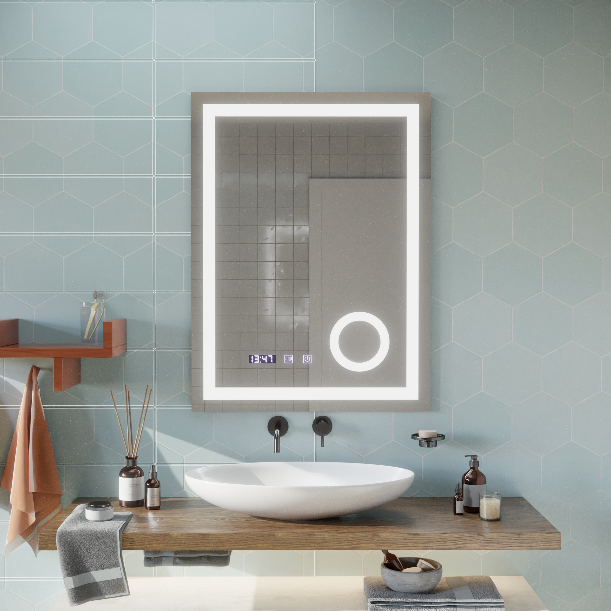 Oglinda LED Touch NIVERA Sistem Dezaburire, Ceas si Temperatura 60x80 cm Lupa Cosmetica Oglinzi Korman S Default Title Alessandro Design