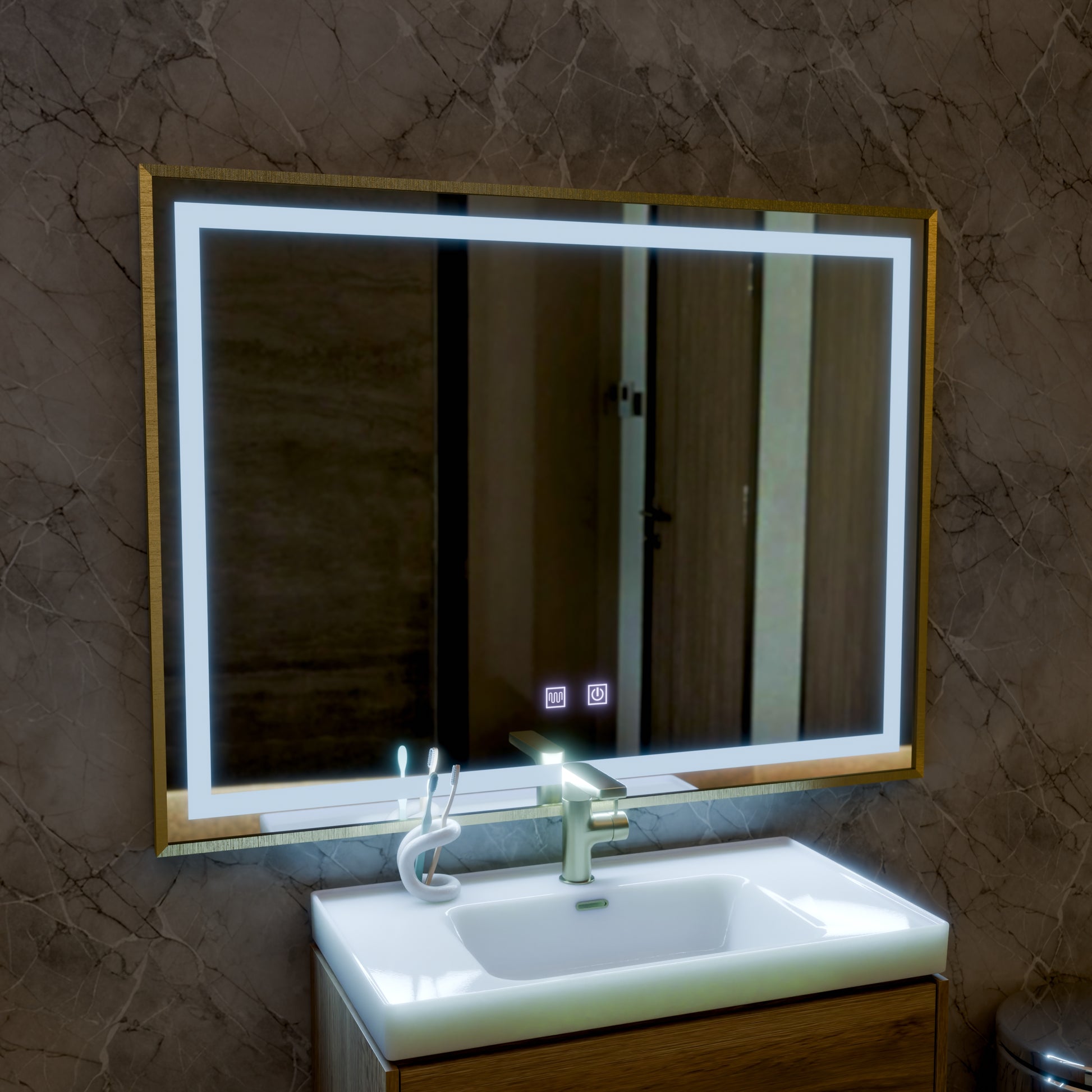 Oglinda LED RAYNA Touch, 80x60 cm, functie Dezaburire, Rama Auriu Brushed Oglinzi Korman E Default Title Alessandro Design