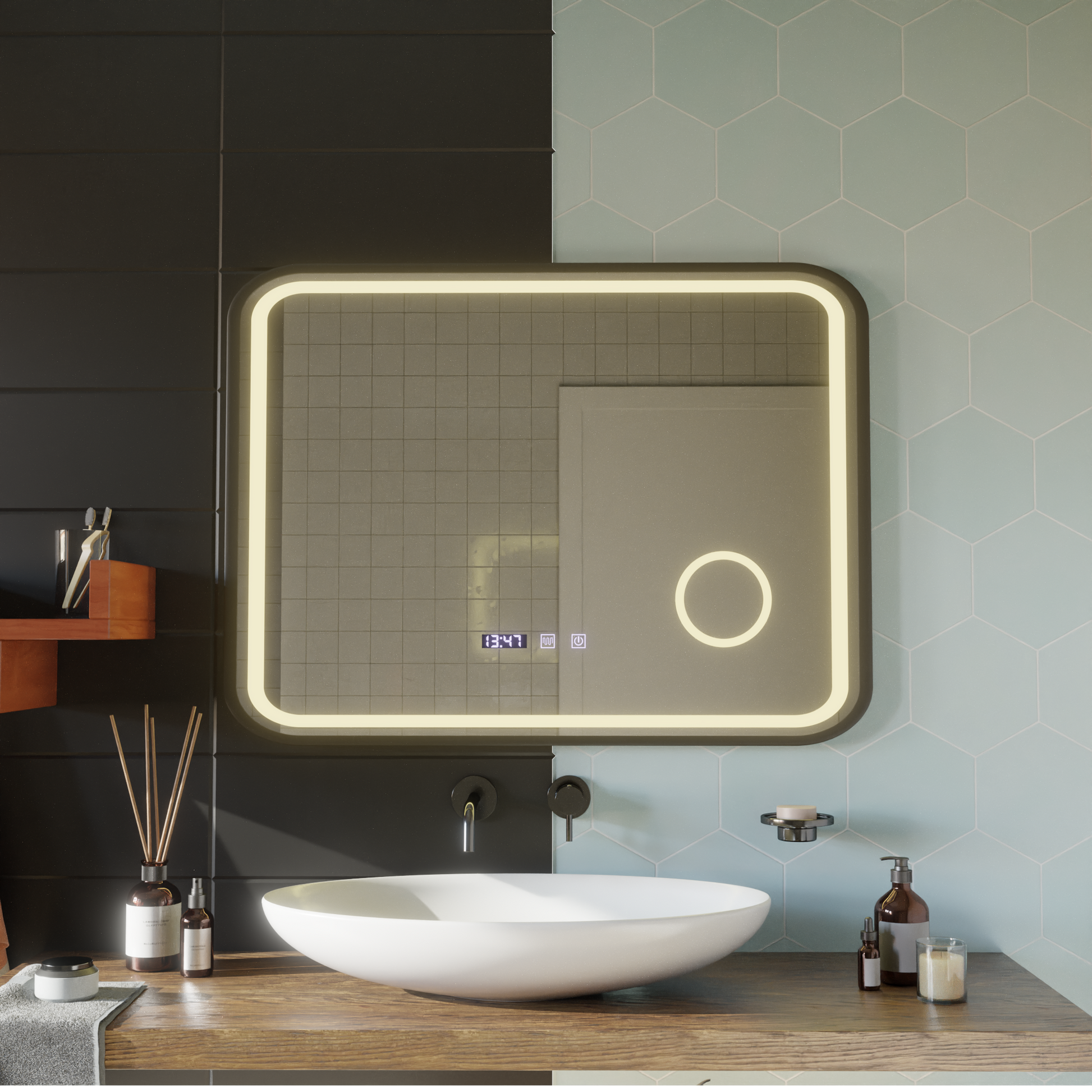 Oglinda LED Touch Bernd Sistem Dezaburire, Ceas si Temperatura 80x60 cm Rama Negru Brushed Lupa Cosmetica Oglinzi Korman S Default Title Alessandro Design