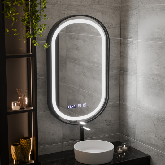 Oglinda LED Touch Helmut Sistem Dezaburire, Ceas si Temperatura 50x80 cm Rama Negru Brushed Marcello Funghi