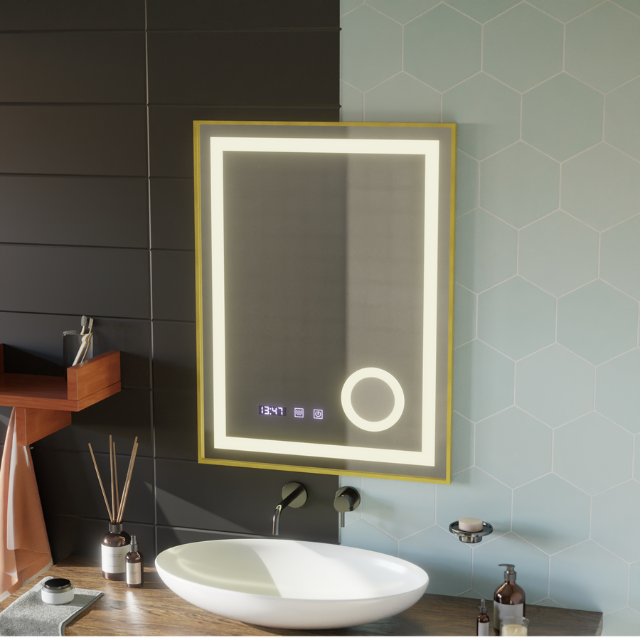 Oglinda LED Touch CLARUS Sistem Dezaburire, Ceas si Temperatura 60x80 cm Rama Auriu Brushed Lupa Cosmetica Oglinzi Korman S Default Title Alessandro Design