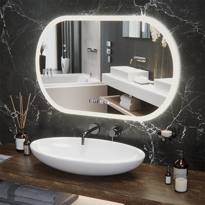 Oglinda LED Ovala, 80x50cm, Altera Senzor MotionGlow Marcello, Sistem Dezaburire, Ceas & Termometru, Dimabila