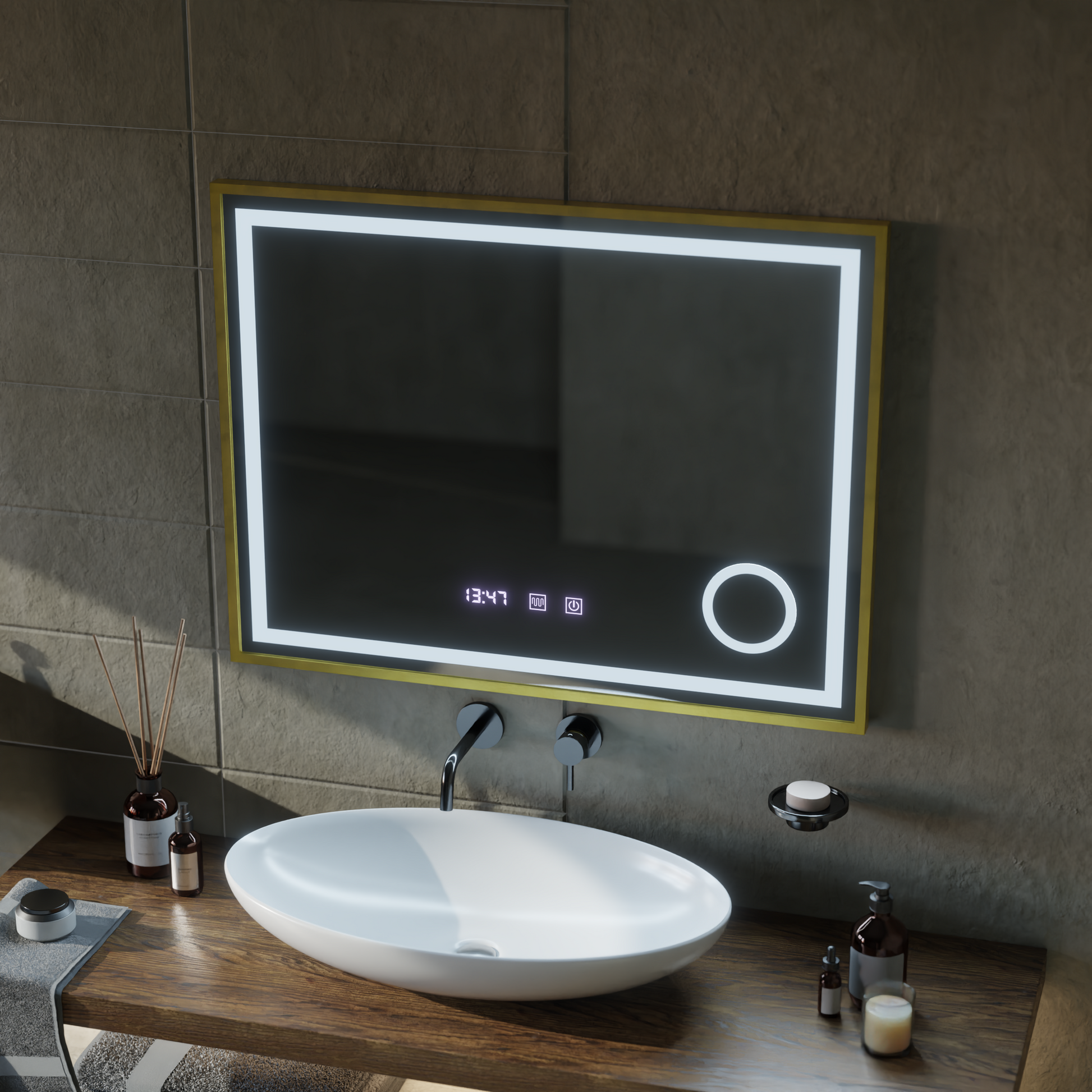 Oglinda LED Touch CLARUS Sistem Dezaburire, Ceas si Temperatura 80x60 cm Rama Auriu Brushed Lupa Cosmetica Oglinzi Korman S Default Title Alessandro Design