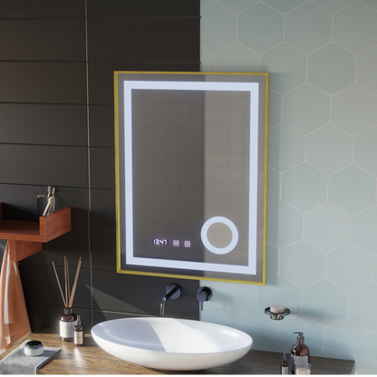 Oglinda LED Touch CLARUS Sistem Dezaburire, Ceas si Temperatura 60x80 cm Rama Auriu Brushed Lupa Cosmetica Oglinzi Korman S Default Title Alessandro Design