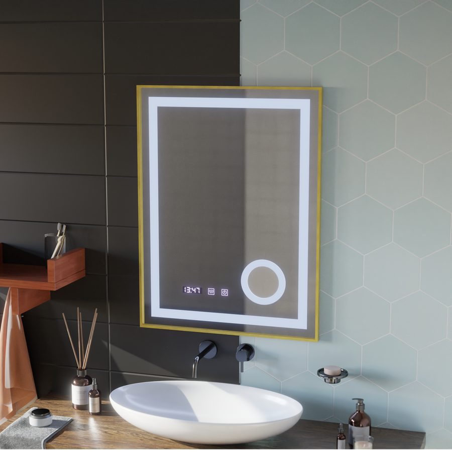 Oglinda LED Touch CLARUS Sistem Dezaburire, Ceas si Temperatura 60x80 cm Rama Auriu Brushed Lupa Cosmetica Oglinzi Korman S Default Title Alessandro Design