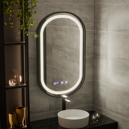 Oglinda LED Touch Helmut Sistem Dezaburire, Ceas si Temperatura 50x90 cm Rama Negru Brushed Marcello Funghi