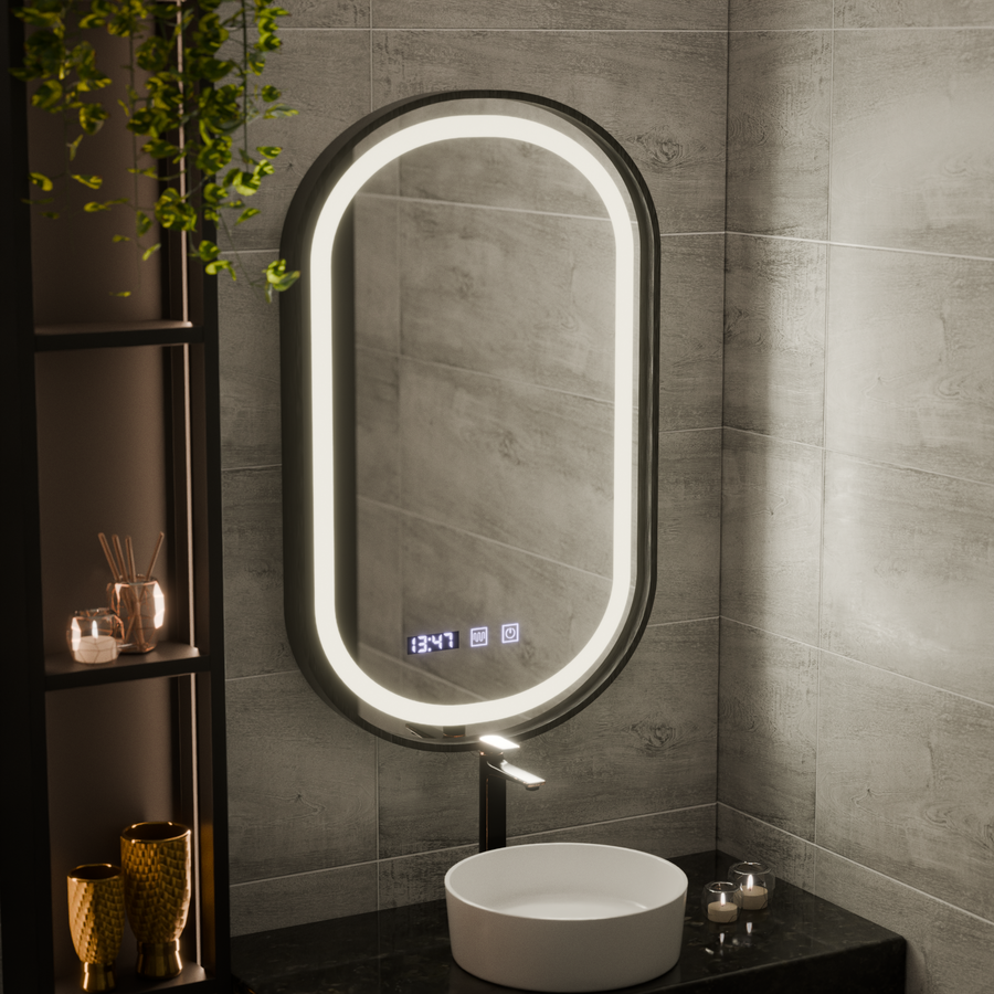 Oglinda LED Touch Helmut Sistem Dezaburire, Ceas si Temperatura 50x90 cm Rama Negru Brushed Marcello Funghi