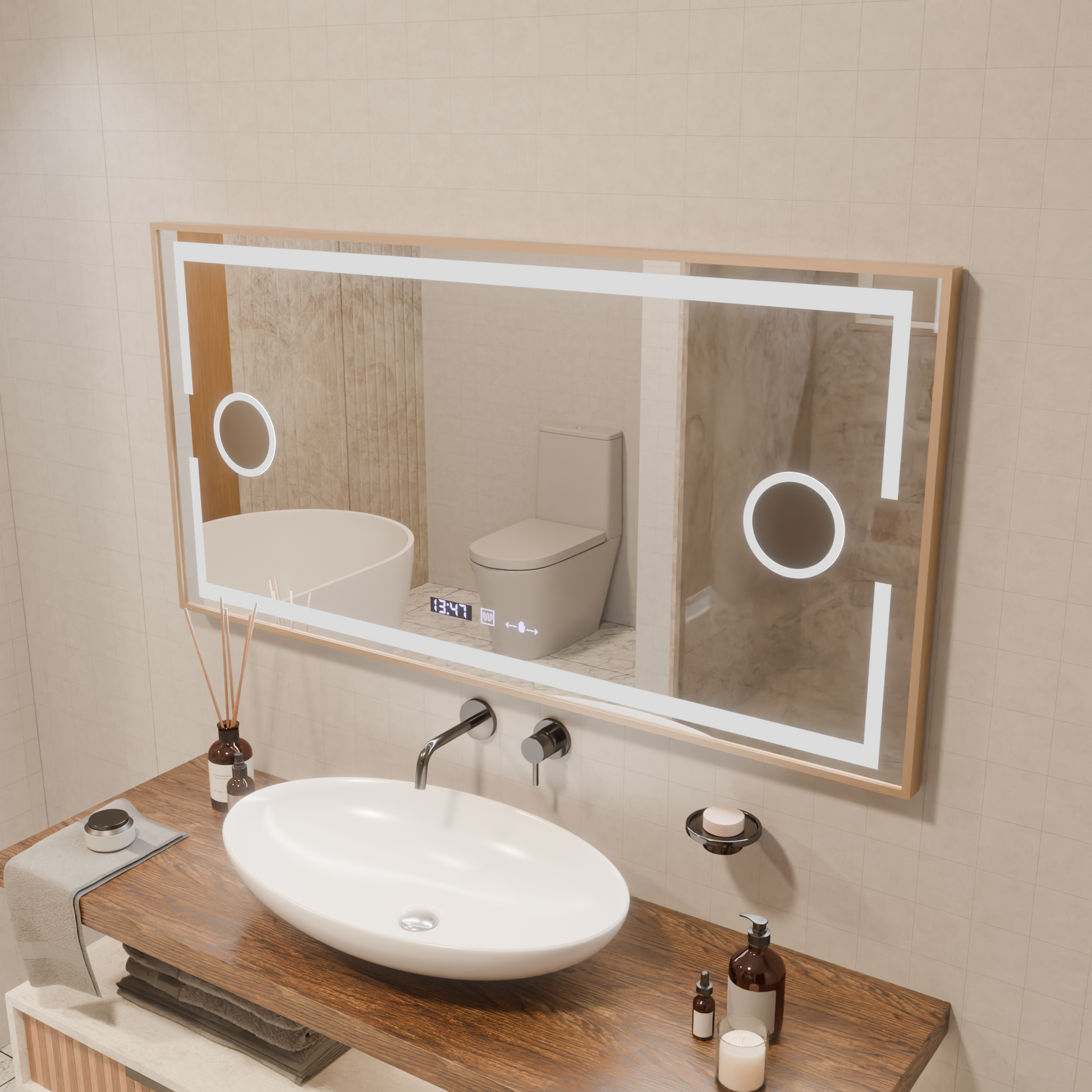 Oglinda LED Senzor MotionGlow Sofia cu functie Dezaburire Termometru Ceas 110x65 cm Lumina Calda/Rece/Neutra Dimabila,Rama Rose Gold, Colectia Marcello Funghi Oglinzi Marcello Default Title Alessandro Design