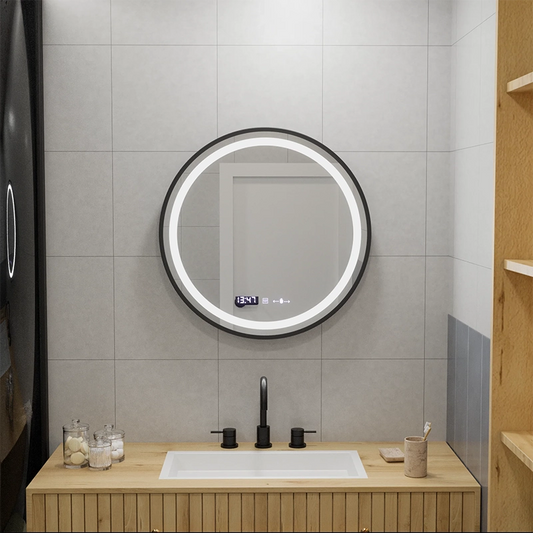 Oglinda LED Rotunda, 60cm, Celeste Majesté Noir MotionGlow Marcello, Sistem Dezaburire, Ceas & Termometru, Dimabila