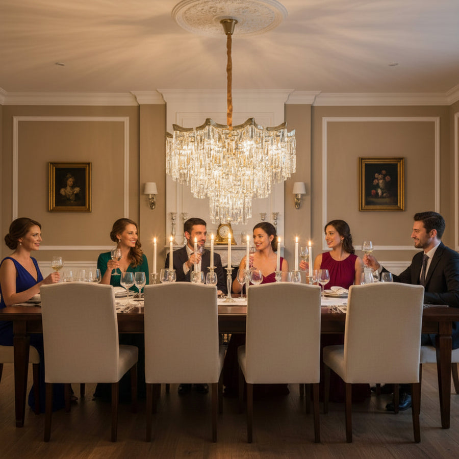 Candelabru Cristal VETRA Eleganza 9xE14, D50 cm, Auriu, Inaltime Reglabila, Metal si Cristal