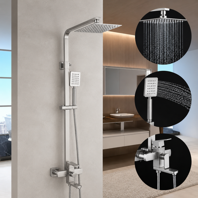 SET Coloana de dus cu baterie, Inox, para patrata, efect ploaie, 3 functii, montare pe perete, Satinat, Accesorii Incluse, LY005