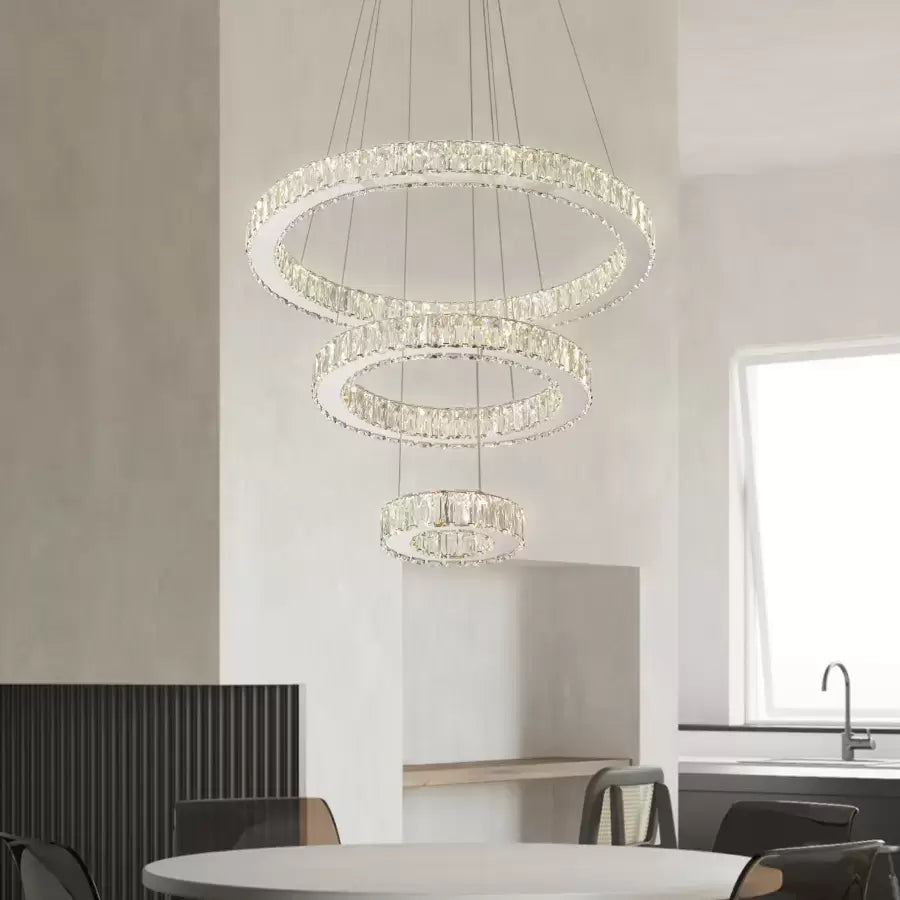 Lustra LED suspendata cu telecomanda si cristal CANAAN 120W, 3 Cercuri, lumina Rece/Calda/Neutra, Dimabila, Crom Lucios, Inaltime Reglabila Lustre LED Cristal Default Title Alessandro Design