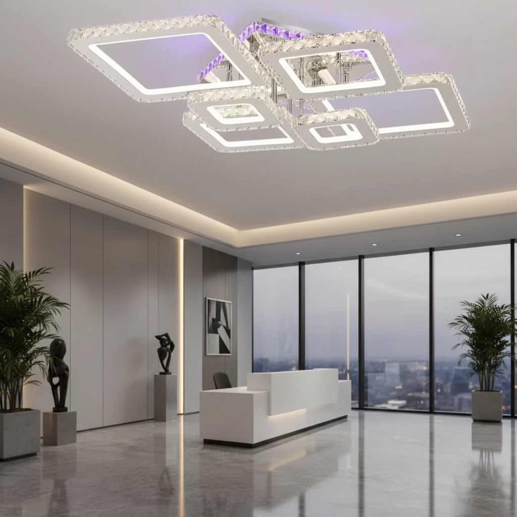 Lustra LED cu telecomanda si cristal NOVA RHOMBA RGB 168W, 6 Patrate, lumina Rece/Calda/Neutra, Dimabila, Crom Lucios Lustre LED & Cristale Default Title Alessandro Design