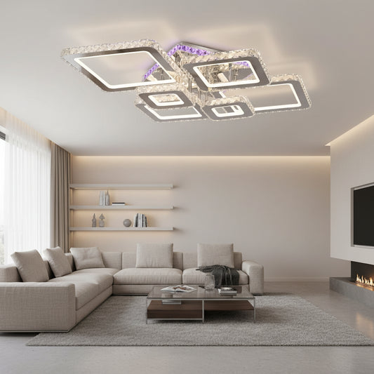 Lustra LED cu telecomanda si cristal NOVA RHOMBA RGB 168W, 6 Patrate, lumina Rece/Calda/Neutra, Dimabila, Crom Lucios Lustre LED & Cristale Default Title Alessandro Design