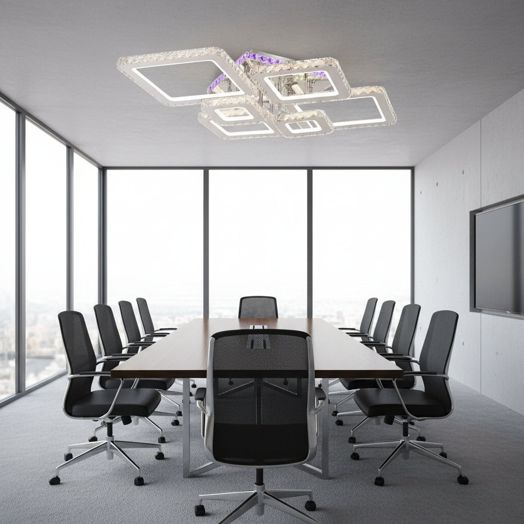 Lustra LED cu telecomanda si cristal NOVA RHOMBA RGB 168W, 6 Patrate, lumina Rece/Calda/Neutra, Dimabila, Crom Lucios Lustre LED & Cristale Default Title Alessandro Design
