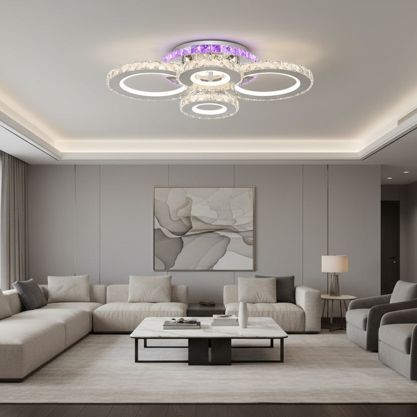 Lustra LED cu telecomanda si cristal NOVA ROTONDA RGB 82W, 4 Cercuri, lumina Rece/Calda/Neutra, Dimabila, Crom Lustre LED & Cristale Default Title Alessandro Design