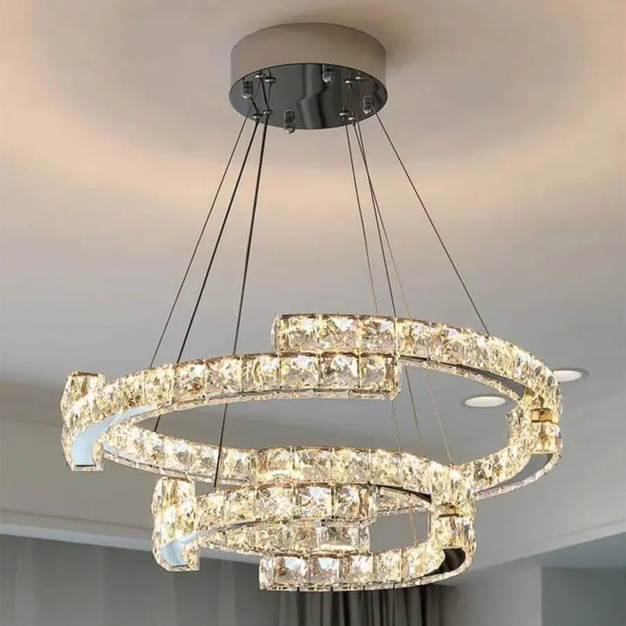 Lustra LED suspendata cu telecomanda si cristal MIA LATIFAH 55W, 2 Cercuri, lumina Rece/Calda/Neutra, Dimabila, Crom Lucios, Inaltime Reglabila Lustre LED cu Telecomanda Default Title Alessandro Design