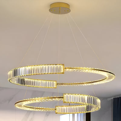 Lustra LED suspendata cu cristal PRISM REGAL 117W, 2 Cercuri, lumina Rece/Calda/Neutra, Dimabila, Auriu, Inaltime Reglabila