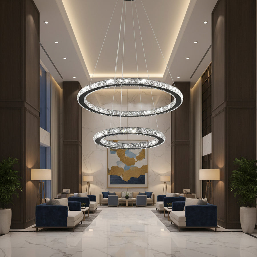 Lustra LED cu telecomanda si cristal PRISM LUMINIS 58W, 2 Cercuri, lumina Rece/Calda/Neutra, Dimabila, Crom si Alb, Inaltime Reglabila Lustre LED cu Telecomanda Default Title Alessandro Design