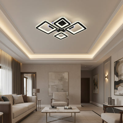 Lustra LED cu telecomanda si cristal QUADRIS RGB 96W, 4 Patrate, lumina Rece/Calda/Neutra, Dimabila, Negru