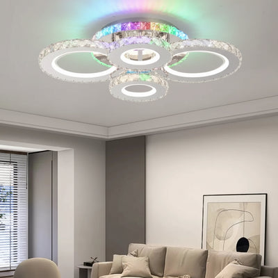 Lustra LED cu telecomanda si cristal NOVA ROTONDA RGB 82W, 4 Cercuri, lumina Rece/Calda/Neutra, Dimabila, Crom