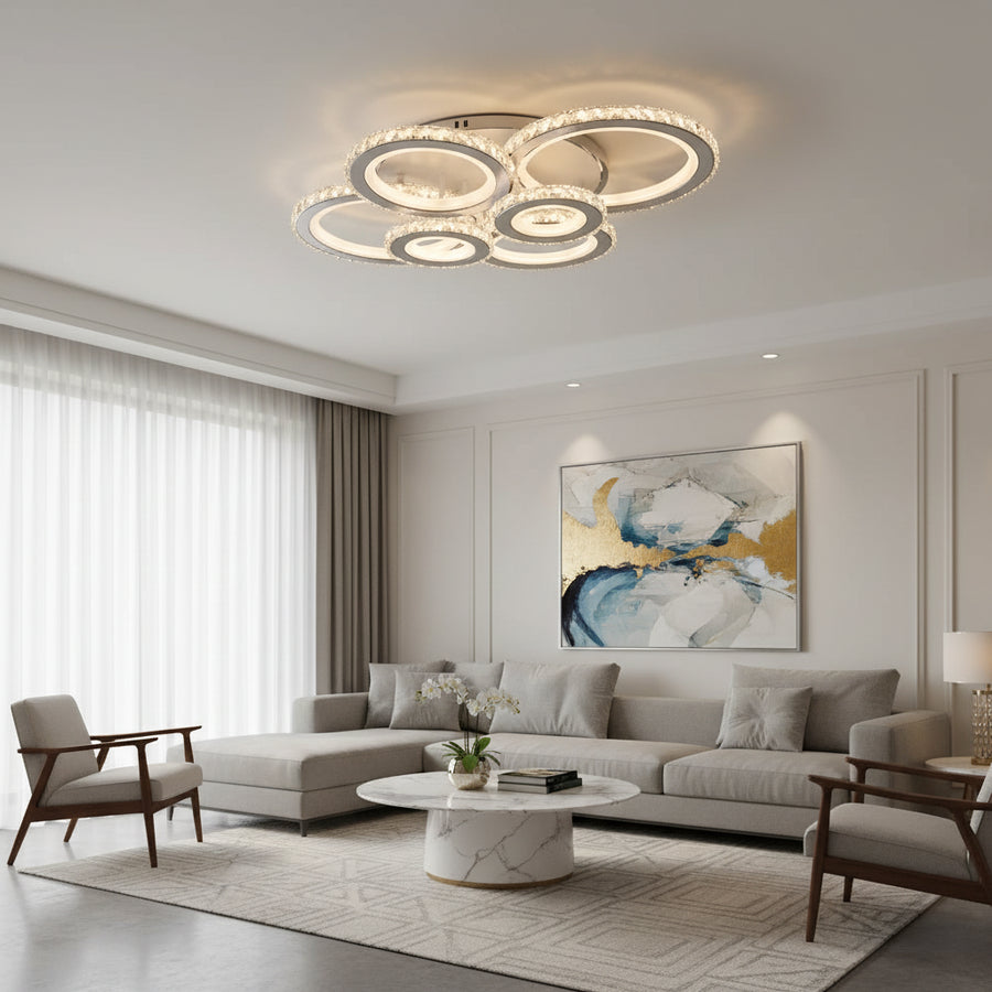 Lustra LED cu telecomanda si cristal NOVA ROTONDA RGB 145W, 6 Cercuri, lumina Rece/Calda/Neutra, Dimabila, Alb Lustre LED Cristal Default Title Alessandro Design