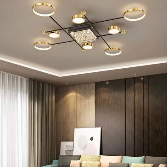 Lustra LED cu telecomanda si cristal MISEL 168W, 9 Elemente, lumina Rece/Calda/Neutra, Dimabila, Negru Auriu Lustre LED cu Telecomanda Default Title Alessandro Design