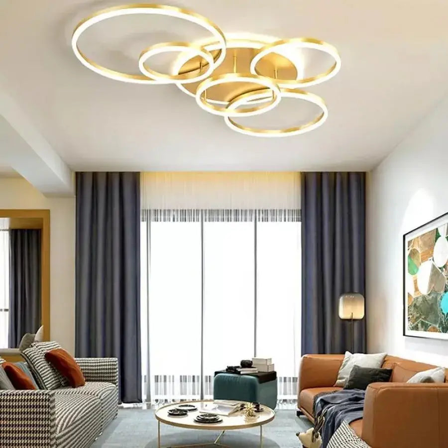 Lustra LED cu telecomanda LYRA 248W, 5 Cercuri, lumina Rece/Calda/Neutra, Dimabila, Auriu Periat Lustre LED cu Telecomanda Default Title Alessandro Design