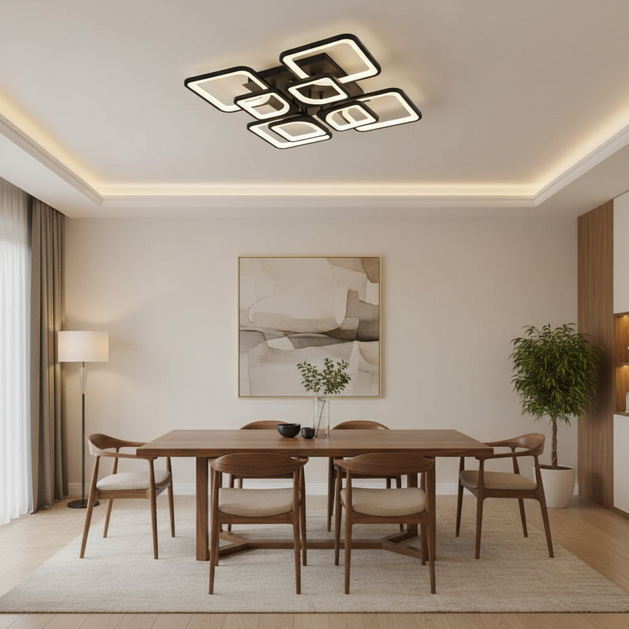 Lustra LED cu telecomanda ZOE, 8 Patrate, 138W, Lumina Rece/Calda/Neutra, Dimabila, Negru