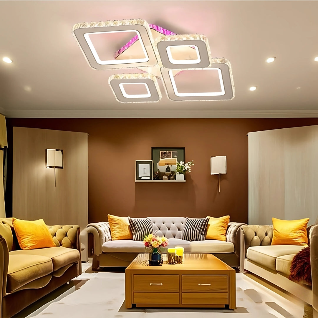 Lustra LED cu telecomanda si cristal TERRANO RGB 162W, 4 Patrate, lumina Rece/Calda/Neutra, Dimabila, Alb Crom Lucios Lustre LED Cristal Default Title Alessandro Design