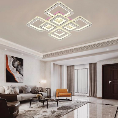Lustra LED cu telecomanda si cristal LEILA 175W, 8 Patrate, lumina Rece/Calda/Neutra, Dimabila, Alb Crom Lucios