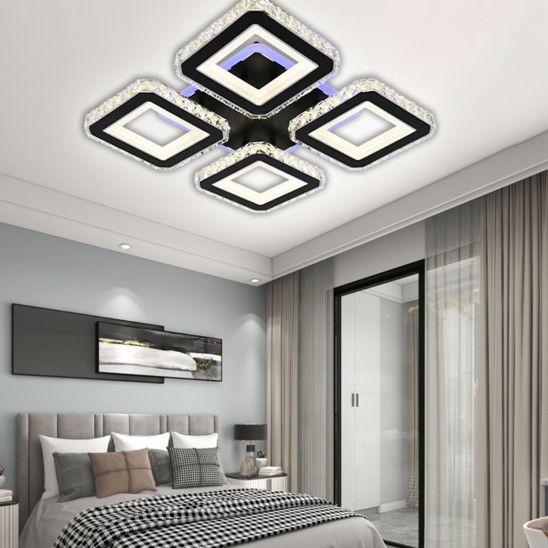 Lustra LED cu telecomanda si cristal LEILA RGB 69W, 4 Patrate, lumina Rece/Calda/Neutra, Dimabila, Negru Lustre LED cu Telecomanda Default Title Alessandro Design