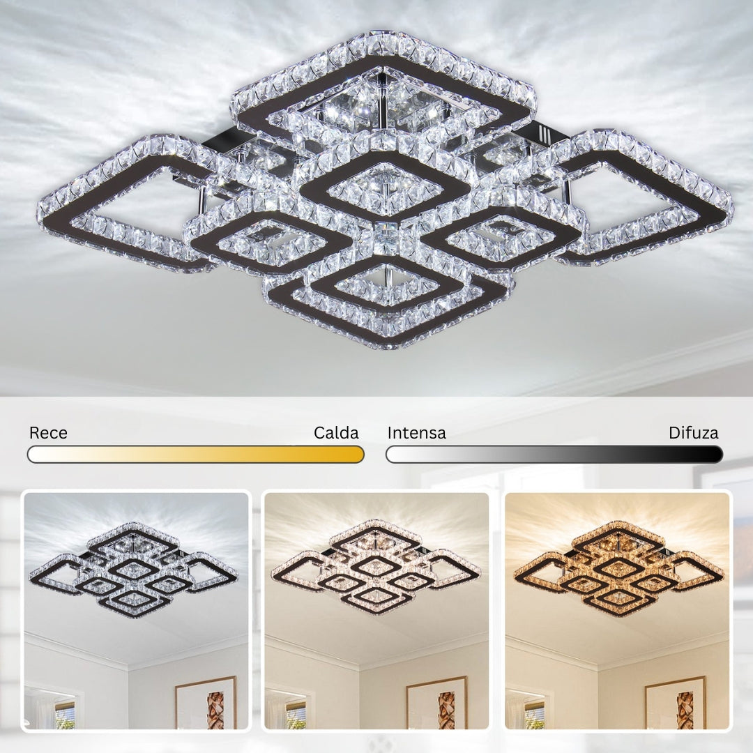 Lustra LED cu telecomanda si cristal QUADRIA SUPREMO RGB 168W, 8 Patrate, lumina Rece/Calda/Neutra, Dimabila, Crom Lucios Lustre LED cu Telecomanda Default Title Alessandro Design