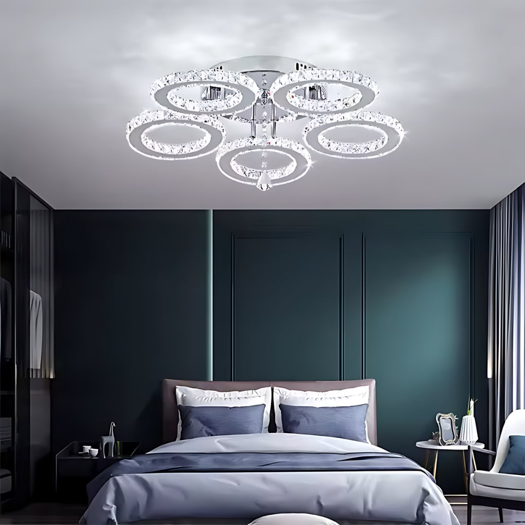 Lustra LED cu telecomanda si cristal ALANUBIS 80W, 5 Cercuri, lumina Rece/Calda/Neutra, Dimabila, Crom Lucios Lustre LED Cristal Default Title Alessandro Design