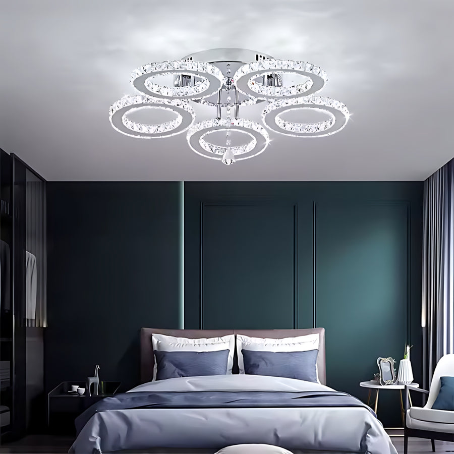 Lustra LED cu telecomanda si cristal ALANUBIS 80W, 5 Cercuri, lumina Rece/Calda/Neutra, Dimabila, Crom Lucios Lustre LED Cristal Default Title Alessandro Design