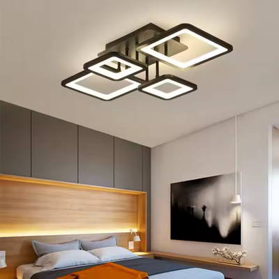 Lustra LED cu telecomanda ELLA 67W, 4 Patrate, lumina Rece/Calda/Neutra, Dimabila, Negru, Metal si Acril