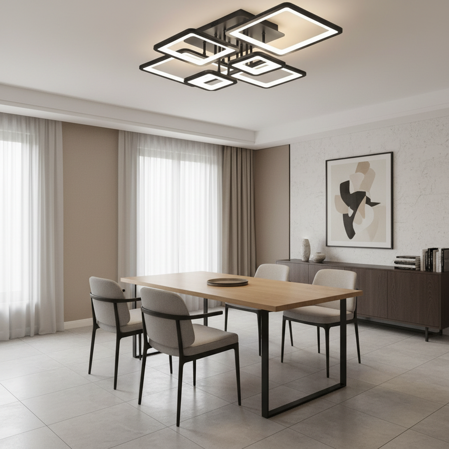 Lustra LED cu telecomanda ELLA 120W, 6 Patrate, lumina Rece/Calda/Neutra, Dimabila, Negru, Metal si Acril Lustre LED cu Telecomanda Default Title Alessandro Design