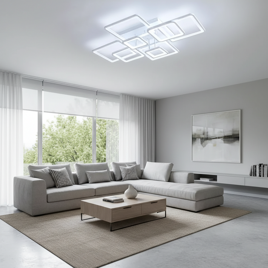 Lustra LED cu telecomanda ELLA 187W, 8 Patrate, lumina Rece/Calda/Neutra, Dimabila, Alb Lustre LED cu Telecomanda Default Title Alessandro Design